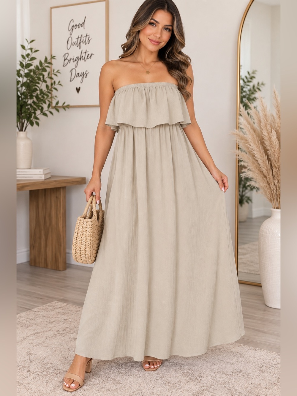 Zenana- Strapless Maxi Dress- Sand Beige